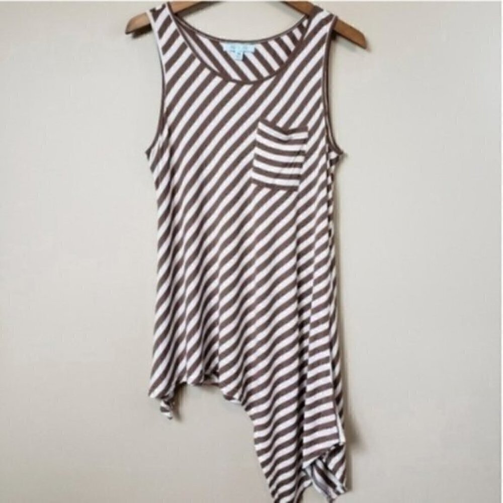 She & Sky Brown White Striped Asymmetrical Hem Tank Top Size Medium
